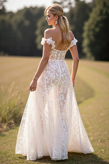 Off The Shoulder Lace White Wedding Dress with Slit